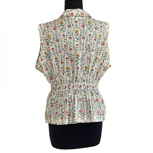 &merci Sleeveless Cream Floral Button-Front Blouse  Sz L Pleated Peplum Waist - Picture 7 of 13